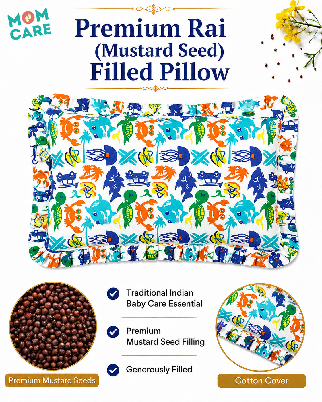 MOM CARE Mustard Seed Pillow for Baby 0–12 Months | Rai Seed Filled, 100% Cotton Washable Cover