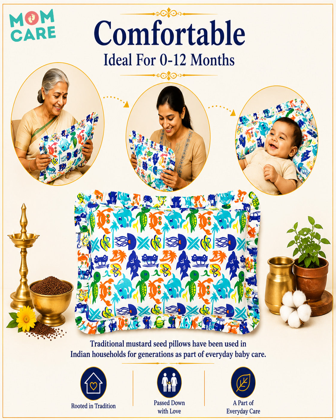 MOM CARE Mustard Seed Pillow for Baby 0–12 Months | Rai Seed Filled, 100% Cotton Washable Cover